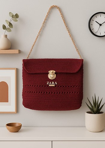 Bordo Zincir Detaylı Örgü Kadın Çanta