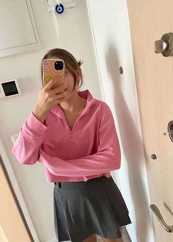 Pembe Yarım Fermuarlı Yüksek Yakalı Sweatshirt