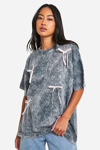 Diğer Pembe fiyonklu yıkamalı oversize kadın T-shirt