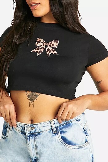 Diğer Leopar desenli fiyonk nakış crop