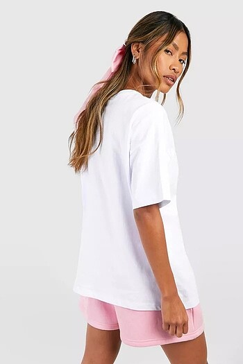 diğer Beden beyaz Renk Oversize pembe fiyonk nakışlı T-shirt