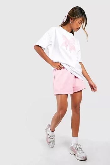 diğer Beden Oversize pembe fiyonk nakışlı T-shirt