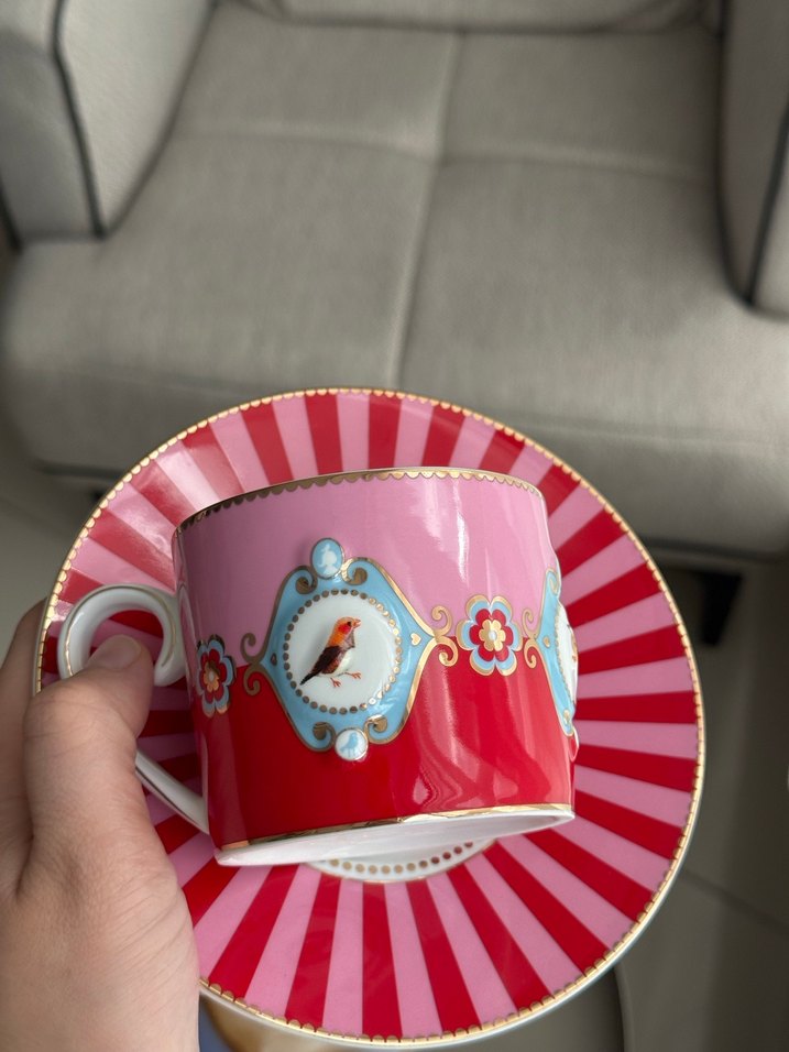 Pembe Kuş Desenli Fincan ve Tabak - Görsel 2