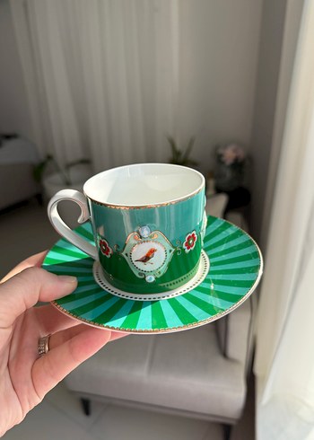 Renkli Yeşil Kuş Desenli Fincan ve Tabak - Görsel 2