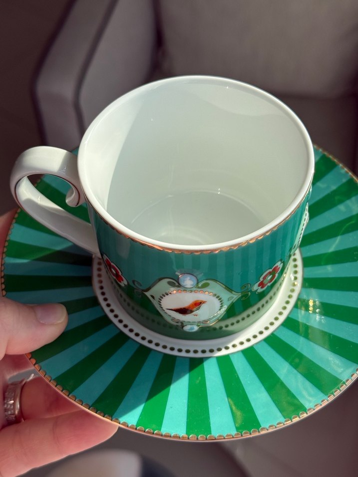 Renkli Yeşil Kuş Desenli Fincan ve Tabak - Görsel 3