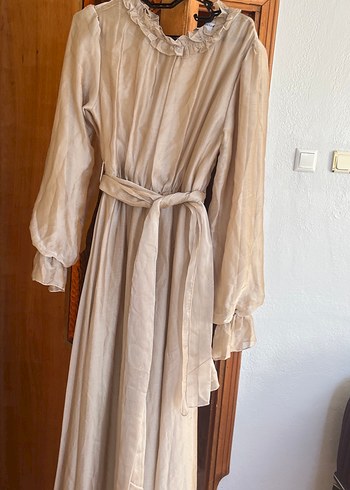 Bej Kadın Uzun Keten Elbise - Görsel 5