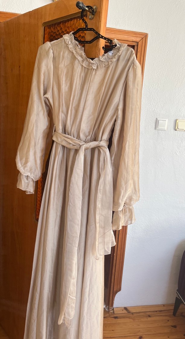 Bej Kadın Uzun Keten Elbise - Görsel 5