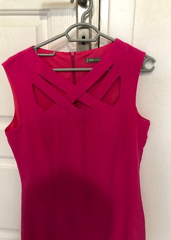 Fuşya Pembe Parlak Midi V Yakalı Kolsuz Kadın Elbise - Görsel 2