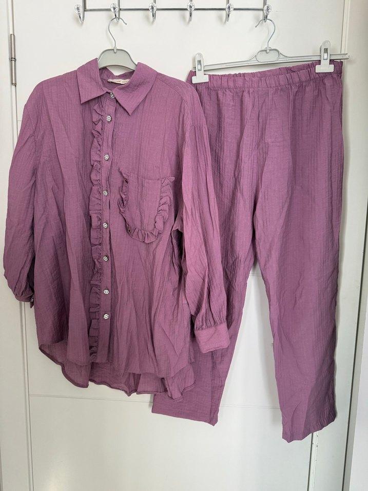 Lila Düğmeli Uzun Kollu Erkek Pijama Takımı - Görsel 2