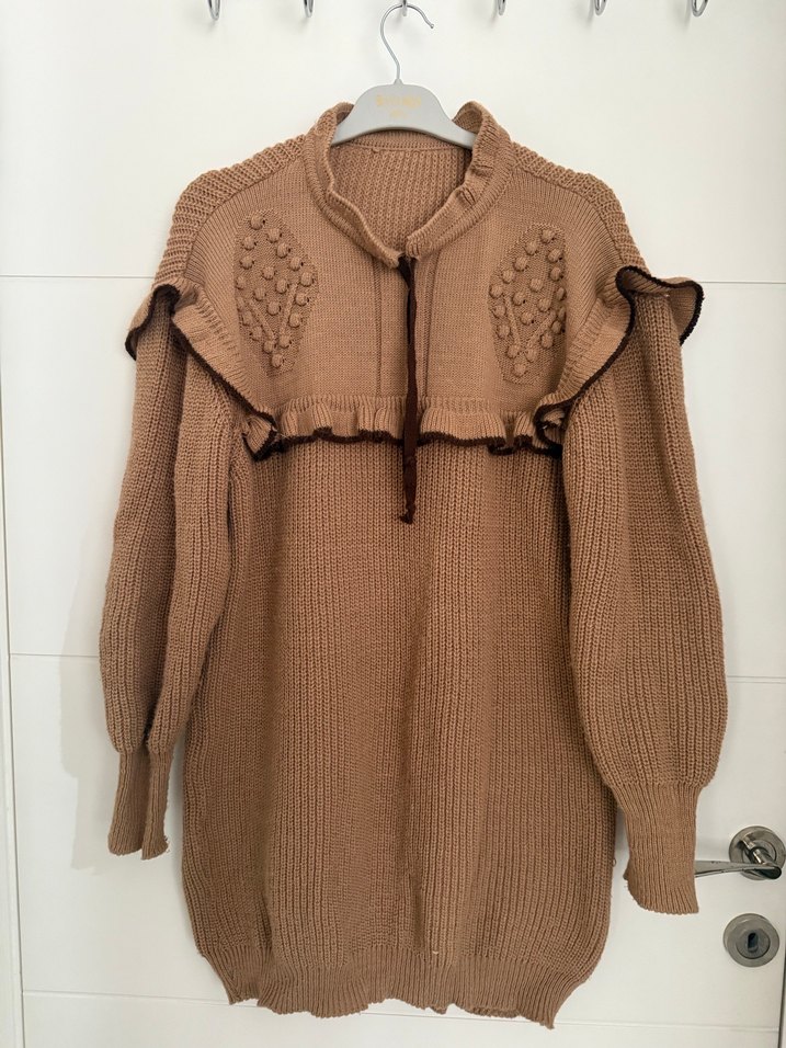 Bej Bohem Yaka Detaylı Örgü Kadın Kazak - Görsel 4