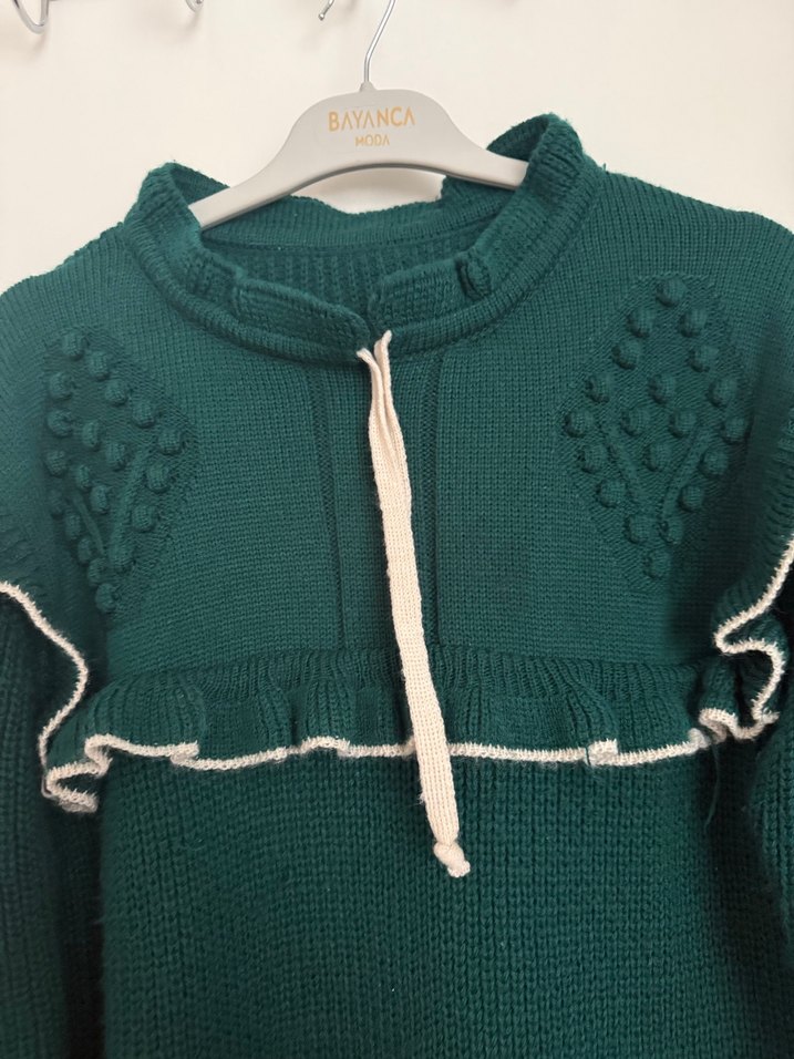 Yeşil Bohem Nakışlı Uzun Kollu Triko Kazak - Görsel 5