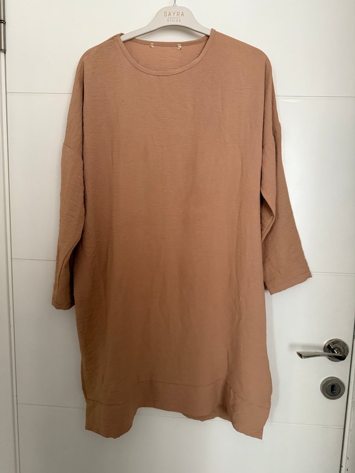 Bej Kadın Keten Uzun Kollu Salaş Tunik - Görsel 2