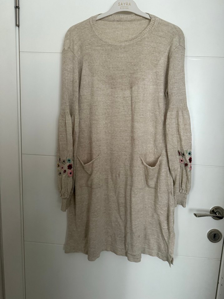 Nakışlı Bej Uzun Kollu Bohem Triko Kazak - Görsel 4