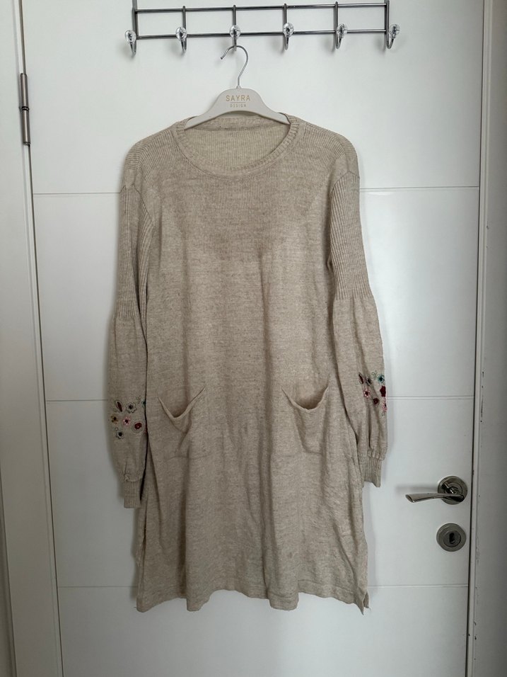 Nakışlı Bej Uzun Kollu Bohem Triko Kazak - Görsel 2