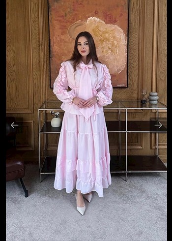 Pembe Uzun Kollu Fırfırlı Uzun Elbise - Görsel 3