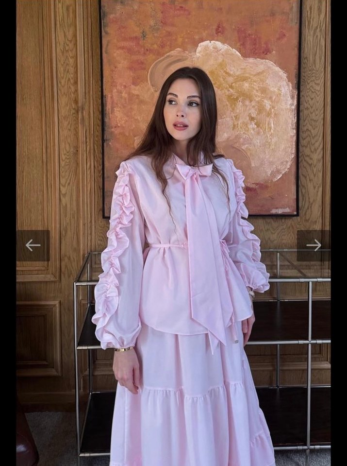 Pembe Uzun Kollu Fırfırlı Uzun Elbise - Görsel 2