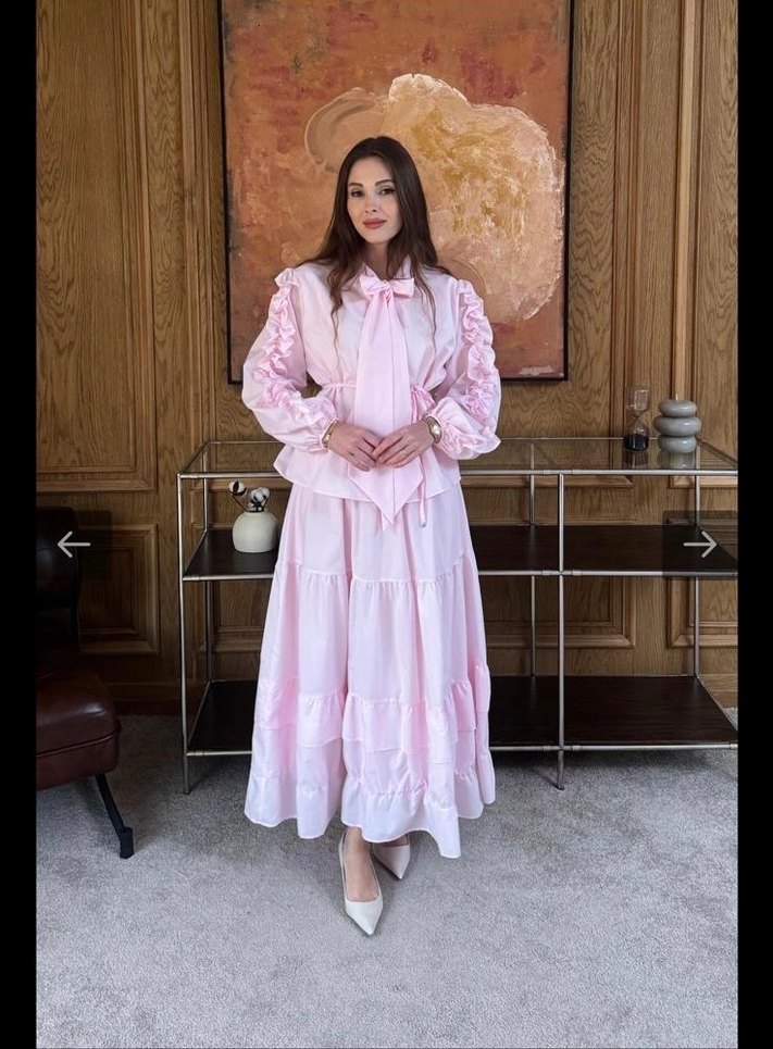 Pembe Uzun Kollu Fırfırlı Uzun Elbise - Görsel 3