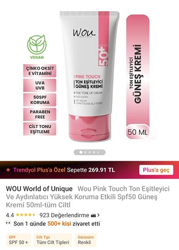 WOU Pink Touch Ton Eşitleyici Güneş Kremi SPF50+ 50ml