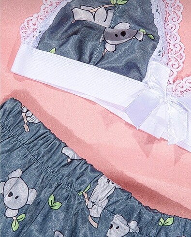 s Beden Koala desenli dantelli saten pijama takımı