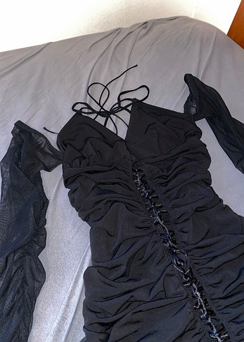 s Beden Siyah Drapeli Gotik Mini Elbise