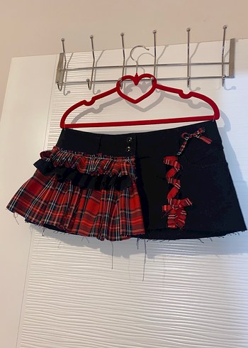 y2k gotik özel tasarım ekoseli iskoç mini kot etek - Görsel 3