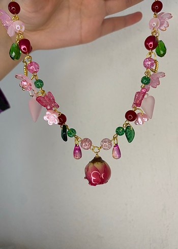 American Vintage Gercek Gullu Bordo Pembe Yesil Fairycore Kelebek Cicekli Kolye