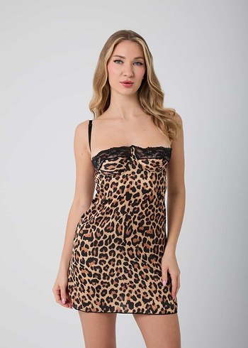 Leopar Desenli İnce Askılı Mini Gecelik