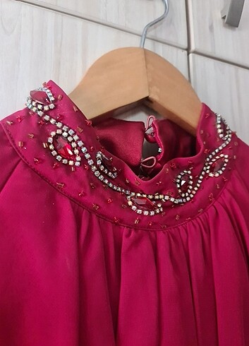 Tesettür giyim taşlı yarasa kollu bordo elbise - Görsel 3