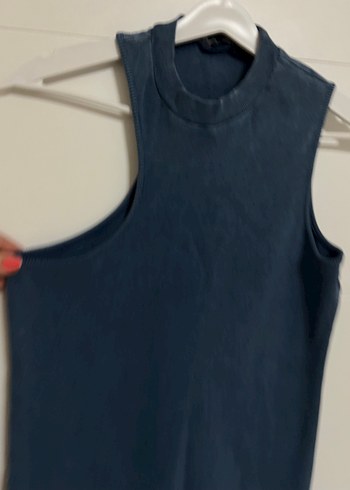 Lacivert Yüksek Yakalı Denim Midi Elbise - Görsel 3