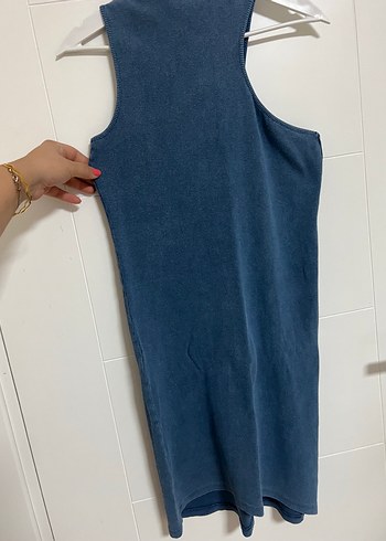 Lacivert Yüksek Yakalı Denim Midi Elbise - Görsel 6