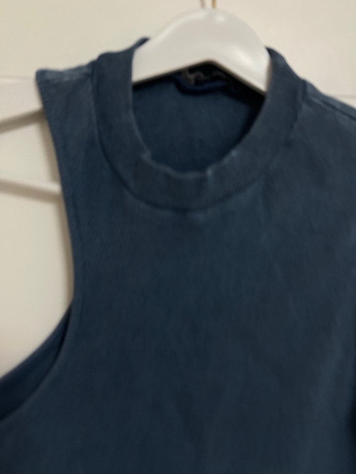 Lacivert Yüksek Yakalı Denim Midi Elbise - Görsel 4