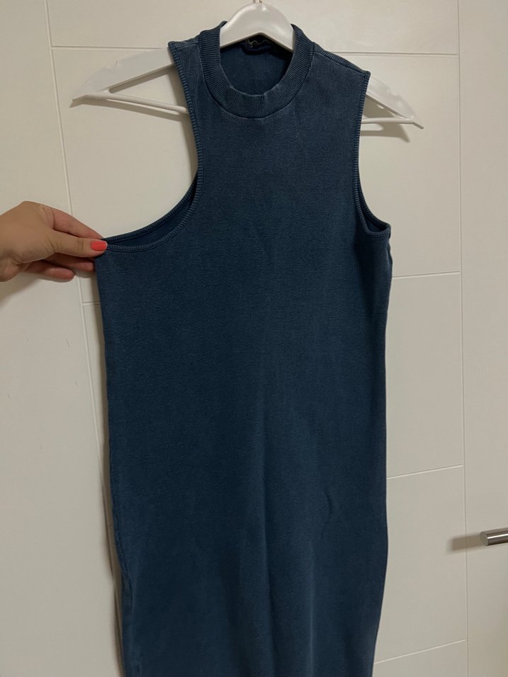 Lacivert Yüksek Yakalı Denim Midi Elbise - Görsel 2