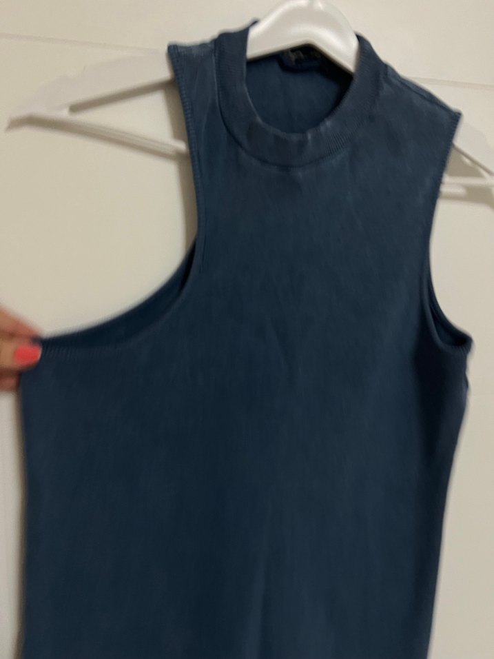 Lacivert Yüksek Yakalı Denim Midi Elbise - Görsel 3