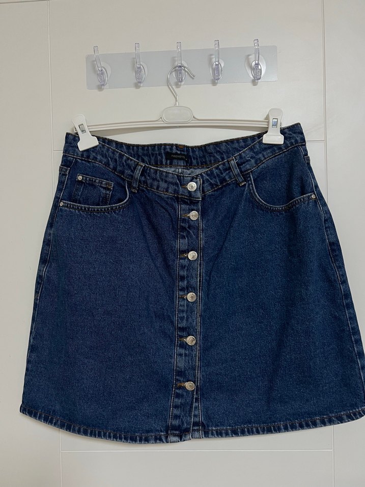 Düğmeli Lacivert Denim Midi Etek - Görsel 3