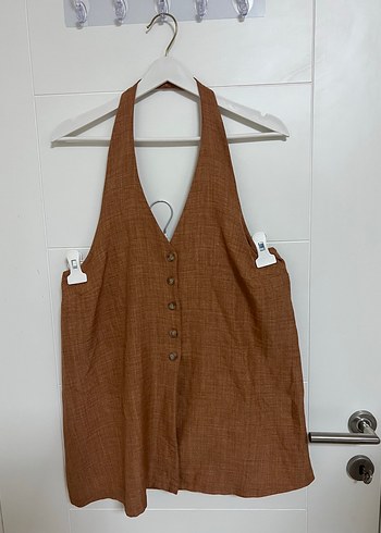 Düğmeli Keten Kahverengi V Yaka Kolsuz Yelek - Görsel 4