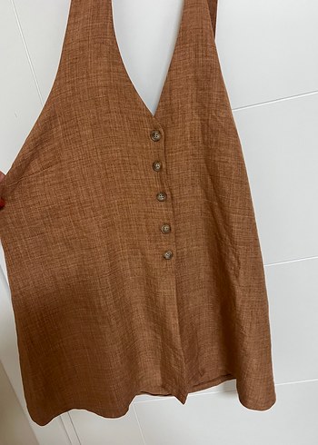 Düğmeli Keten Kahverengi V Yaka Kolsuz Yelek - Görsel 6
