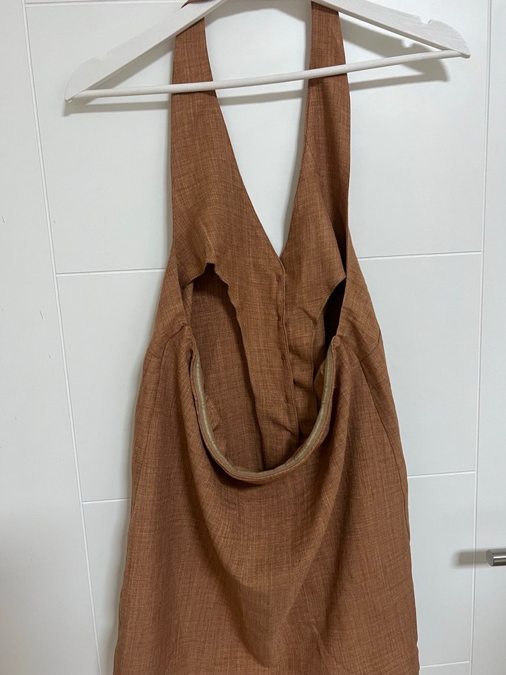 Düğmeli Keten Kahverengi V Yaka Kolsuz Yelek - Görsel 5