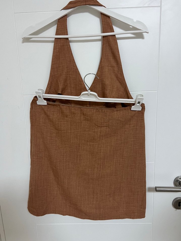 Düğmeli Keten Kahverengi V Yaka Kolsuz Yelek - Görsel 2