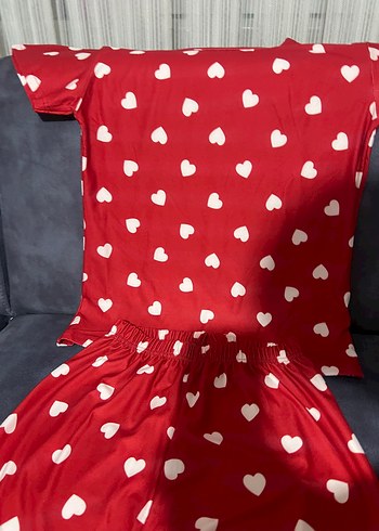 Kırmızı Kalp Desenli Kısa Kollu Kadın Pijama - Görsel 7