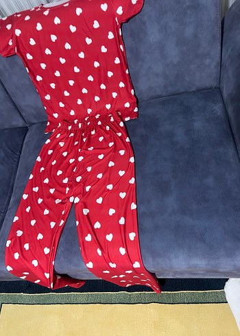 Kırmızı Kalp Desenli Kısa Kollu Kadın Pijama - Görsel 5