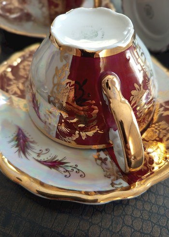 Bordo ve Altın Detaylı Antika Porselen Çay Seti - Görsel 10