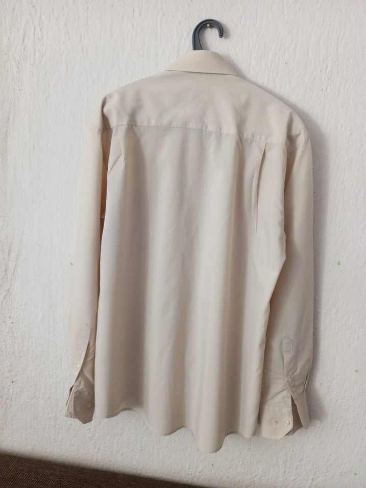 Bej Keten Erkek Gömlek, Uzun Kollu, Düğmeli - Görsel 2