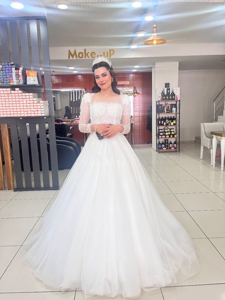 Uzun Kollu Beyaz A Kesim Gelinlik - Görsel 5