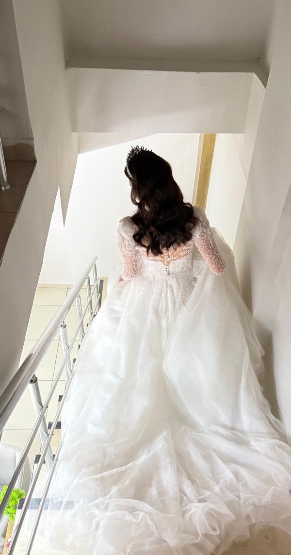 Uzun Kollu Beyaz A Kesim Gelinlik - Görsel 3