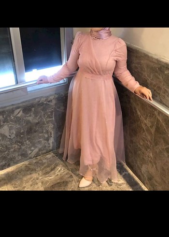 pudra Pembe simli tesettür elbise