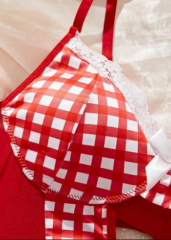 Kırmızı Ekose Dantelli Mini Büstiyer Takım - Görsel 4