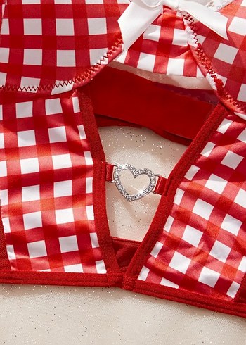 Kırmızı Ekose Dantelli Mini Büstiyer Takım - Görsel 5