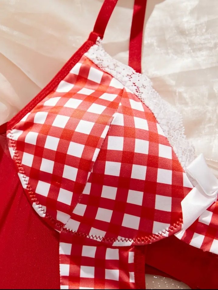 Kırmızı Ekose Dantelli Mini Büstiyer Takım - Görsel 4