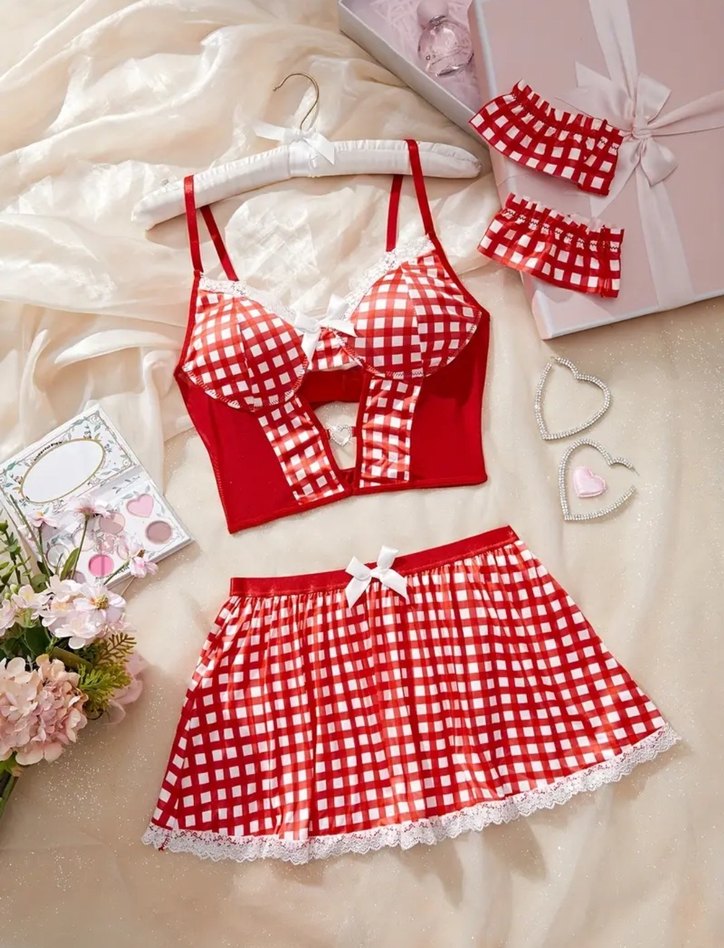 Kırmızı Ekose Dantelli Mini Büstiyer Takım - Görsel 2