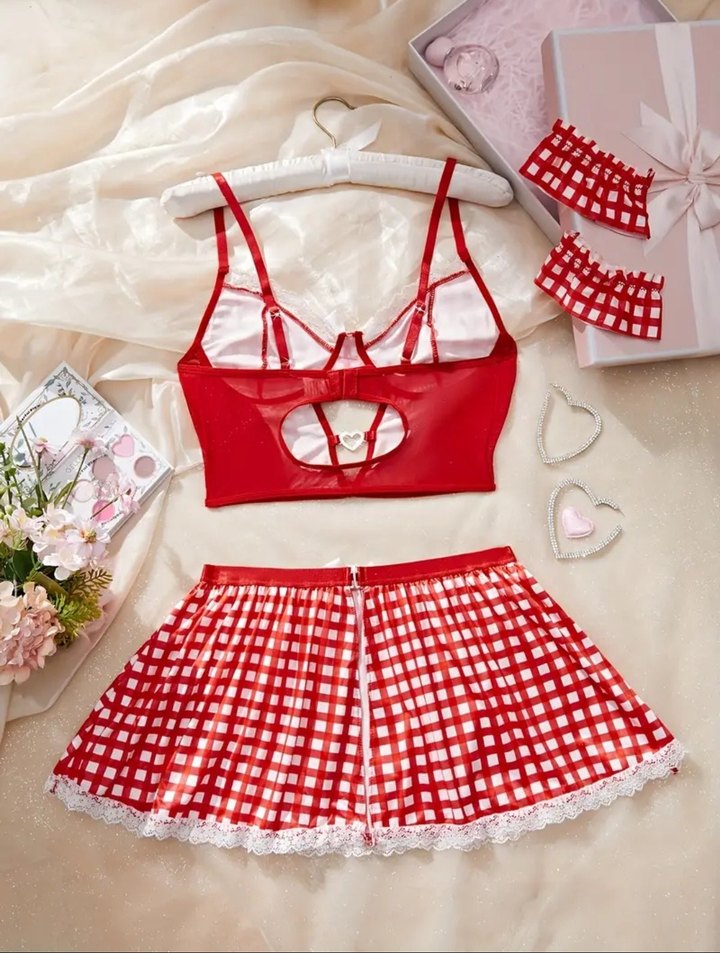 Kırmızı Ekose Dantelli Mini Büstiyer Takım - Görsel 3